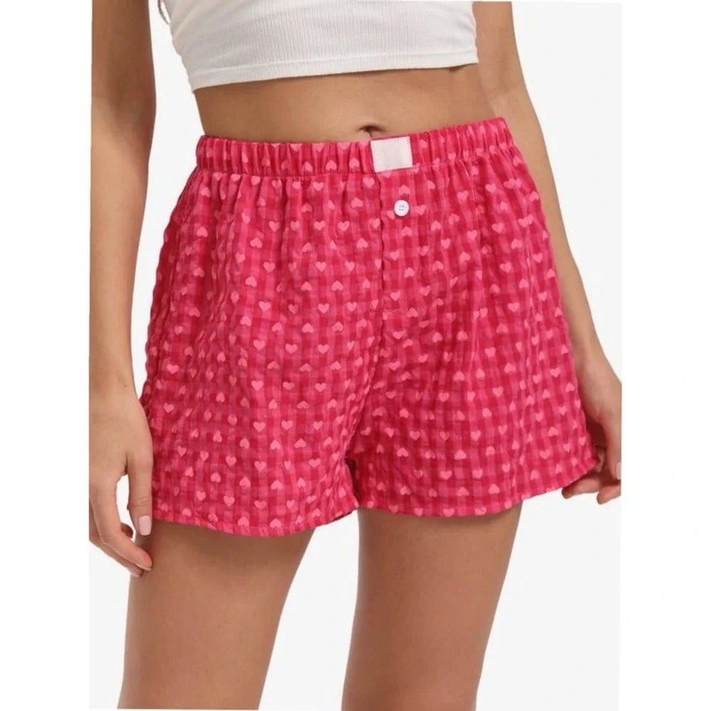 Women's Pink Heart Print M Pajama Shorts Micro Button Boxers Elastic Waist Cute